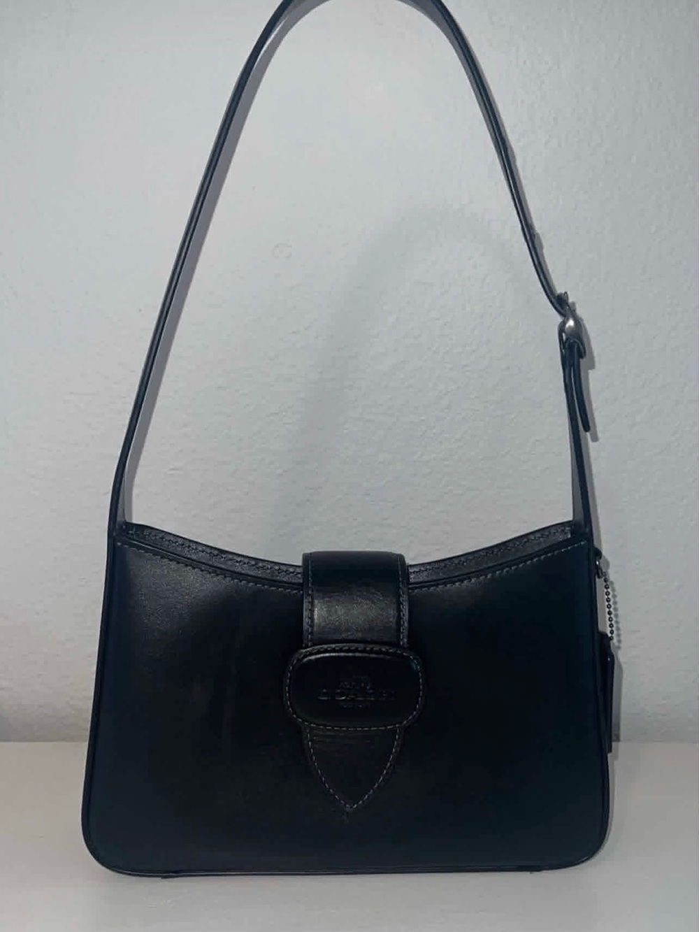 Coach Black Leather Shoulder Bag with Signature Tab